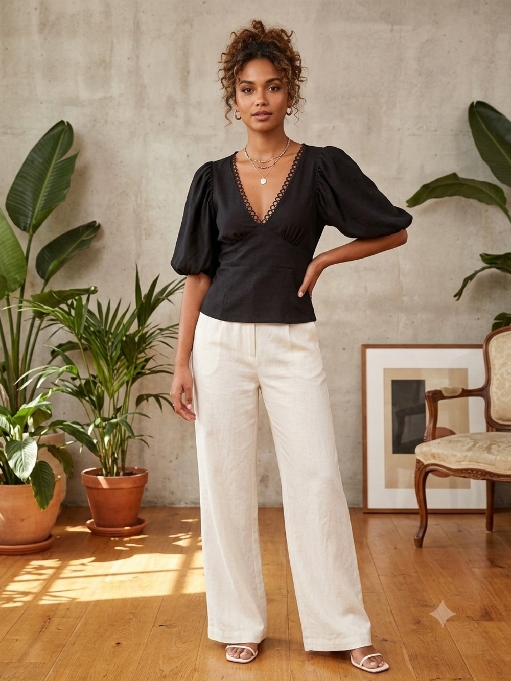 Express Deep V Neck Puff Sleeve Blouse Crochet Lace Trim